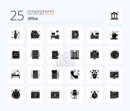 Téléchargez les illustrations : Pack icône Glyphe solide Office 25 comprenant du café. devant. lieu de travail. bureau. Commis - en licence libre de droit