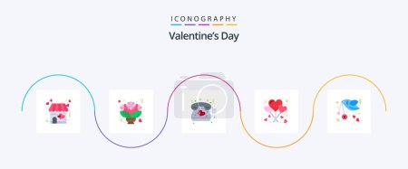 Téléchargez les illustrations : Valentines Day Flat Pack de 5 icônes incluant oiseau. amour. roses. style de vie. mariage - en licence libre de droit