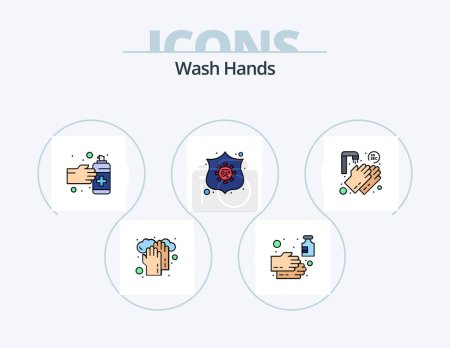 Téléchargez les illustrations : Wash Hands Line Filled Icon Pack 5 Icon Design. hand spray. shield. infect. safeguard. spray - en licence libre de droit