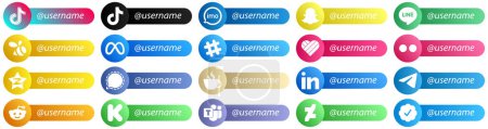 Ilustración de Follow me Social Network Platform Card Style Icon Set 20 icons such as yahoo. likee. spotify and meta icons. Versatile and premium - Imagen libre de derechos