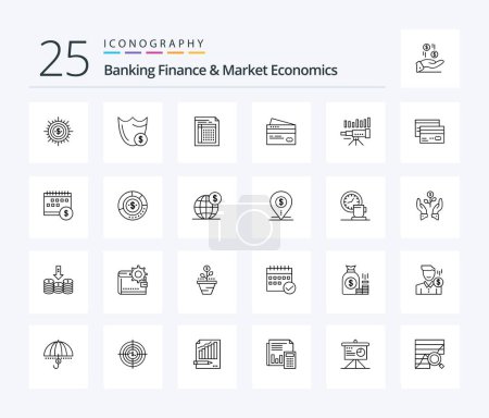 Téléchargez les illustrations : Finance bancaire et économie de marché Pack icône 25 Line avec formulaire. document. Garde. bill. dollar - en licence libre de droit