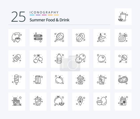 Ilustración de Comida y bebida de verano 25 paquete de iconos de la línea, incluyendo fruta. banana. Dulces. comida. donut. - Imagen libre de derechos