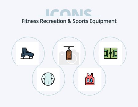 Téléchargez les illustrations : Fitness Recreation And Sports Equipment Line Filled Icon Pack 5 Icon Design. field. sport. boot. shuttlecock. skating - en licence libre de droit