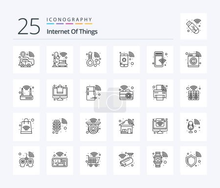 Illustration for Internet Of Things 25 Line icon pack including shop. mobile. temperature. wifi. phone - Royalty Free Image