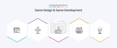 Téléchargez les illustrations : Game Design et développement de jeu 25 Pack icône de la ligne, y compris la boutique. Chariot. Croquis. les jeux. jeu - en licence libre de droit
