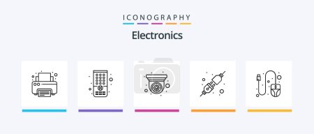 Téléchargez les illustrations : Pack d'icônes de la ligne électronique 5, y compris le fil. données. micro. câble. imprimante. Icônes créatives Design - en licence libre de droit