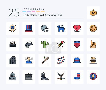 Téléchargez les illustrations : Usa 25 Line Filled icon pack including american. heart. american. symbol. american - en licence libre de droit