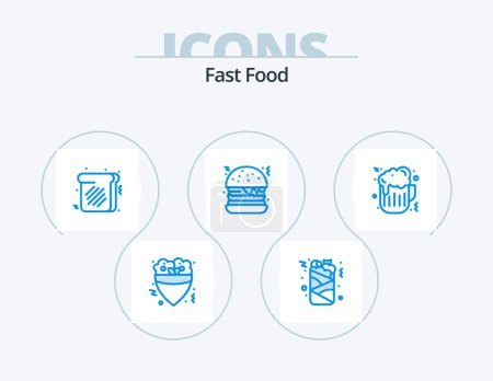 Téléchargez les illustrations : Fast Food Blue Icon Pack 5 Icon Design. . fast food. toast. beer. fast food - en licence libre de droit