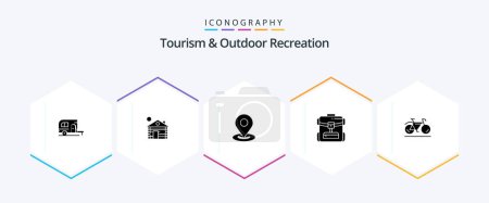 Ilustración de Turismo y Recreación al aire libre 25 Paquete de iconos de glifos, incluyendo movimiento. hotel. ubicación. servicio. bolsa - Imagen libre de derechos