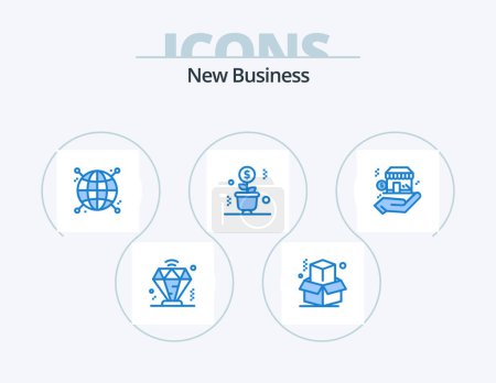 Téléchargez les illustrations : Nouveau Business Blue Icon Pack 5 Icon Design. Magasin. les affaires. globe. succès. plante - en licence libre de droit