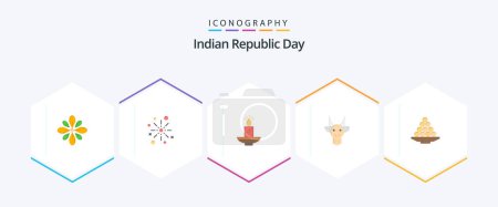 Téléchargez les illustrations : Indian Republic Day 25 Pack icône plat avec lampe. diwali. célébrer. noël. feux d'artifice - en licence libre de droit