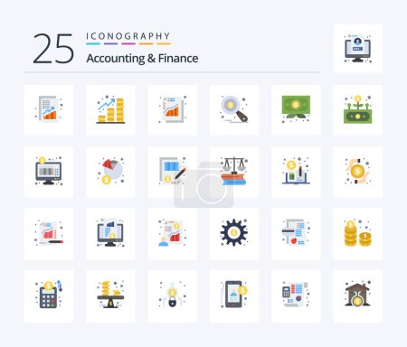 Téléchargez les illustrations : Comptabilité et finance 25 Pack icône couleur plate, y compris les entreprises. analyse des données. pièces. l'audit. graphique - en licence libre de droit