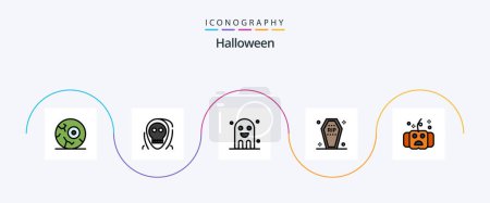 Téléchargez les illustrations : Halloween Line Filled Flat 5 Icon Pack Including funeral. coffin. monster. casket. ghost - en licence libre de droit