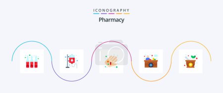 Téléchargez les illustrations : Pharmacie Flat Pack de 5 icônes Y compris le médicament. comptoir d'information. main. réception de l'hôpital. compteur - en licence libre de droit