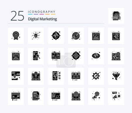 Téléchargez les illustrations : Digital Marketing 25 Solid Glyph icon pack including bar. marketing. circle. focus. goal - en licence libre de droit