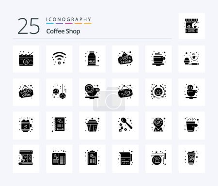Téléchargez les illustrations : Coffee Shop 25 pack d'icônes Glyphe solide y compris chaud. café. café. le petit déjeuner. fermer - en licence libre de droit