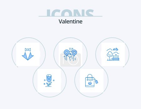 Illustration for Valentine Blue Icon Pack 5 Icon Design. wedding. love. bow. bloone. tie - Royalty Free Image