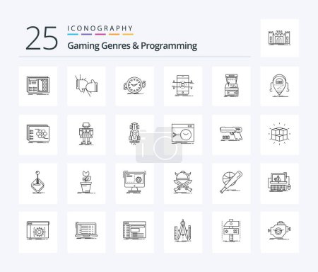 Illustration for Gaming Genres And Programming 25 Line icon pack including mobile. api. fight. time. clockwise - Royalty Free Image