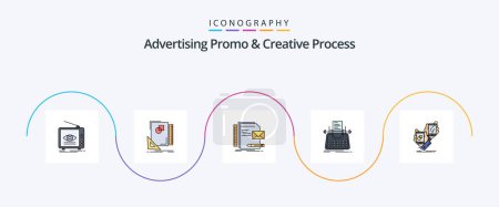 Téléchargez les illustrations : Advertising Promo And Creative Process Line Filled Flat 5 Icon Pack Including story. article. sketch. presentation. identity - en licence libre de droit