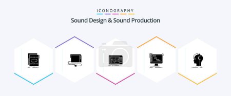 Illustration for Sound Design And Sound Production 25 Glyph icon pack including daw. ableton. interface. studio. mixer - Royalty Free Image