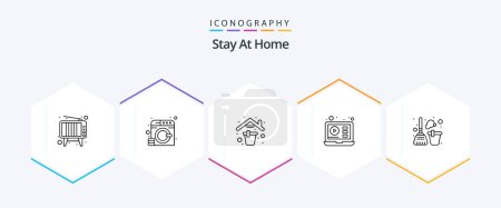 Téléchargez les illustrations : Stay At Home 25 Line icon pack including cleaning. video. home. tutorials. education - en licence libre de droit