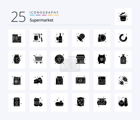 Téléchargez les illustrations : Supermarché 25 Solid Glyph icône pack y compris la nourriture. cosmétiques. alcoolique. cosmétique. bonbons - en licence libre de droit