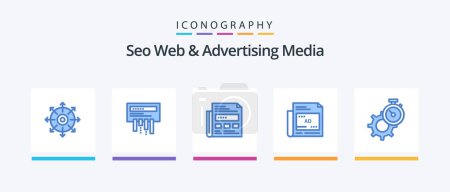 Ilustración de Seo Web And Advertising Media Blue 5 Icon Pack Including . setting. newspaper. gear. timer. Creative Icons Design - Imagen libre de derechos