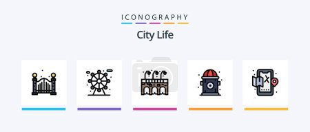 Ilustración de City Life Line llenó el paquete de 5 iconos, incluido. Calle. piscina. Ciudad. Diseño de iconos creativos - Imagen libre de derechos