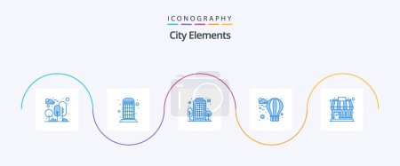 Téléchargez les illustrations : City Elements Blue 5 Icon Pack Including market store. hot. call. balloon. living area - en licence libre de droit