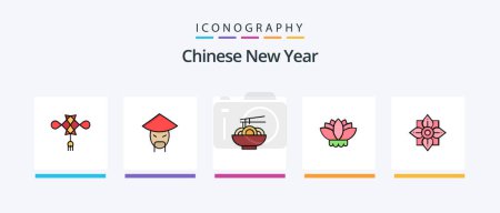 Ilustración de La línea de Año Nuevo China llenó el paquete de 5 iconos que incluye comida china. spa. lunar. masaje. chinos. Diseño de iconos creativos - Imagen libre de derechos