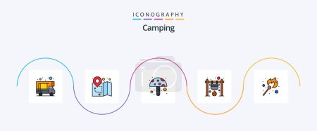 Ilustración de Línea de Camping Lleno Piso 5 Icono Pack Incluyendo palo. Llama. hongo. Fuego. cocinero - Imagen libre de derechos