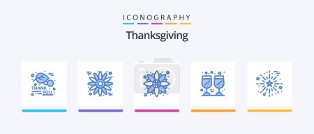 Téléchargez les illustrations : Pack de 5 icônes bleu Thanksgiving incluant le salut. célébrer. fleur. Merci. verre. Icônes créatives Design - en licence libre de droit