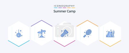Illustration for Summer Camp 25 Blue icon pack including tent. camping. flashlight. tennis. rocket - Royalty Free Image