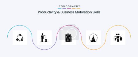 Ilustración de Productividad y negocios Motivación Habilidades Glifo 5 Icono Pack Incluyendo la meditación. concentración mental. reciclaje. Piensa. estrategia - Imagen libre de derechos