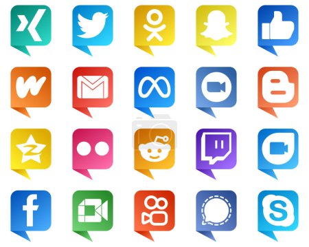 Ilustración de 20 Estilo de burbuja de chat profesional Iconos de medios sociales como el video. literatura. zoom y meta iconos. Alta calidad y creativo - Imagen libre de derechos