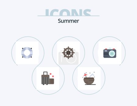 Ilustración de Summer Flat Icon Pack 5 Icon Design. Verano. cámara. playa. dirigiendo el barco. vacaciones - Imagen libre de derechos