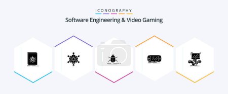 Illustration for Software Engineering And Video Gaming 25 Glyph icon pack including game. console. games. virus. insect - Royalty Free Image