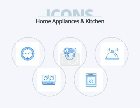 Téléchargez les illustrations : Home Appliances And Kitchen Blue Icon Pack 5 Icon Design. dish. plug. time . hairdryer. dryer - en licence libre de droit