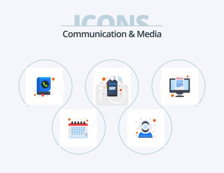Ilustración de Comunicación y medios de comunicación Flat Icon Pack 5 Icon Design. Ordenador. radio. dirección. teléfono inalámbrico. dirección - Imagen libre de derechos