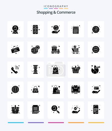 Téléchargez les illustrations : Creative Shopping And Commerce 25 Glyph Solid Black icon pack  Such As badge. mathematics. surprise. calculator. shopping - en licence libre de droit