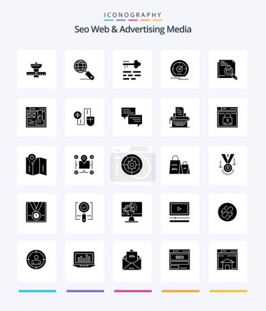 Ilustración de Creative Seo Web And Advertising Media 25 Glyph Solid Black icon pack  Such As speedometer. meter. seo. dashboard. login - Imagen libre de derechos