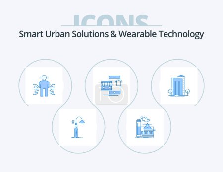 Téléchargez les illustrations : Smart Urban Solutions And Wearable Technology Blue Icon Pack 5 Icon Design. buy. shopping. alert. science. data - en licence libre de droit