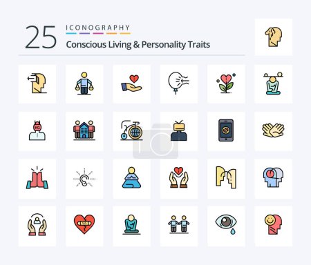 Ilustración de Concious Living And Personality Traits 25 Line Pack de iconos llenos, incluido el golpe. aire. juicio. Amor. dar - Imagen libre de derechos