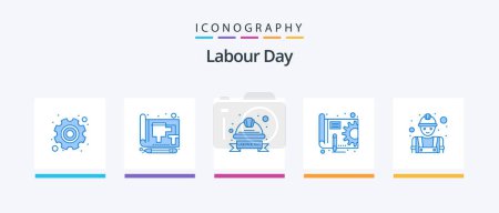 Illustration for Labour Day Blue 5 Icon Pack Including gear. plan. print. blue print. helmet. Creative Icons Design - Royalty Free Image