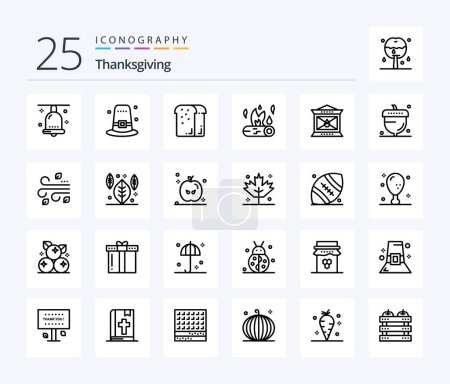 Téléchargez les illustrations : Pack icône Thanksgiving 25 Line incluant le feu. feu de camp. thanksgiving. feu de joie. vacances - en licence libre de droit