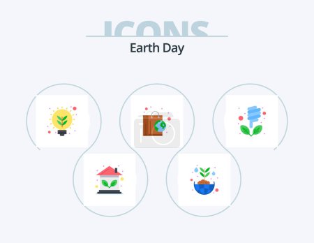 Téléchargez les illustrations : Earth Day Flat Icon Pack 5 Icon Design. bulb. nature. global. ecology. thought - en licence libre de droit