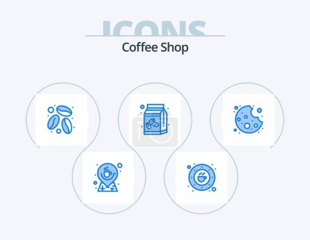 Téléchargez les illustrations : Café Bleu Icône Pack 5 Icône Design. mordre. Un sucrier. boire. boîte à café. grains de café - en licence libre de droit