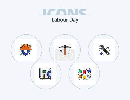 Téléchargez les illustrations : Labour Day Line Filled Icon Pack 5 Icon Design. stop. signal. spanner. light. may - en licence libre de droit