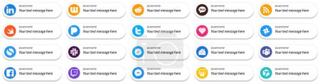 Illustration for Follow Me Social Media Icons with Customizable Message 20 pack such as microsoft team. twitter verified badge. pandora. slack and google photo icons. Versatile and professional - Royalty Free Image