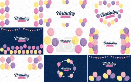 Téléchargez les illustrations : Happy Birthday in a playful. bubbly font with a background of balloons and party streamers - en licence libre de droit